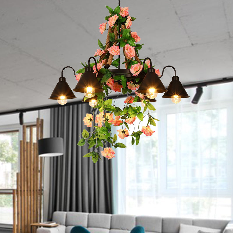 Metal Cone Chandelier Lamp Industrial 6/8 Lights Restaurant LED Ceiling Pendant in Black with Flower Decoration 6 Black Clearhalo 'Cast Iron' 'Ceiling Lights' 'Chandeliers' 'Industrial Chandeliers' 'Industrial' 'Metal' 'Middle Century Chandeliers' 'Rustic Chandeliers' 'Tiffany' Lighting' 398165