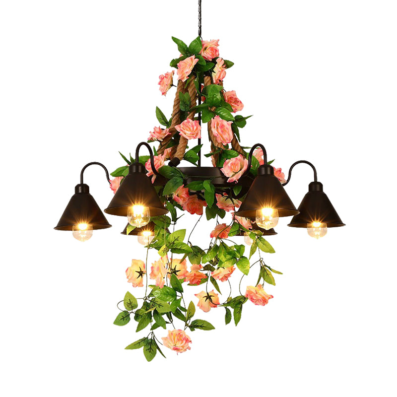Metal Cone Chandelier Lamp Industrial 6/8 Lights Restaurant LED Ceiling Pendant in Black with Flower Decoration Clearhalo 'Cast Iron' 'Ceiling Lights' 'Chandeliers' 'Industrial Chandeliers' 'Industrial' 'Metal' 'Middle Century Chandeliers' 'Rustic Chandeliers' 'Tiffany' Lighting' 398167