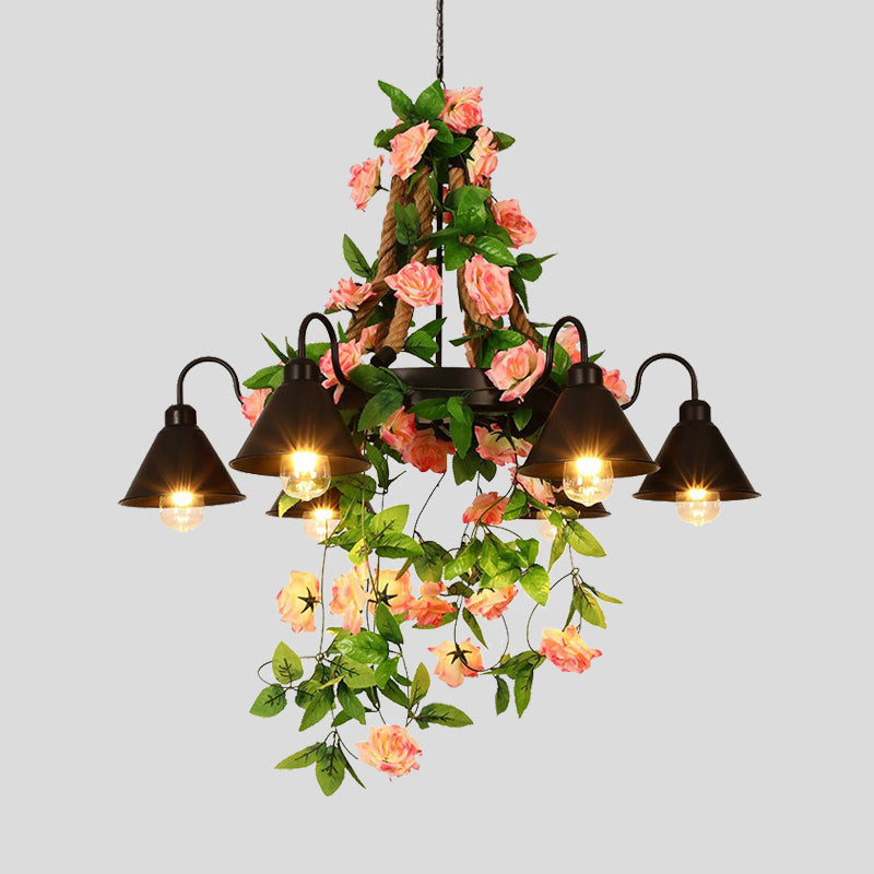 Metal Cone Chandelier Lamp Industrial 6/8 Lights Restaurant LED Ceiling Pendant in Black with Flower Decoration Clearhalo 'Cast Iron' 'Ceiling Lights' 'Chandeliers' 'Industrial Chandeliers' 'Industrial' 'Metal' 'Middle Century Chandeliers' 'Rustic Chandeliers' 'Tiffany' Lighting' 398168