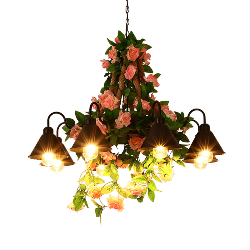 Metal Cone Chandelier Lamp Industrial 6/8 Lights Restaurant LED Ceiling Pendant in Black with Flower Decoration Clearhalo 'Cast Iron' 'Ceiling Lights' 'Chandeliers' 'Industrial Chandeliers' 'Industrial' 'Metal' 'Middle Century Chandeliers' 'Rustic Chandeliers' 'Tiffany' Lighting' 398172