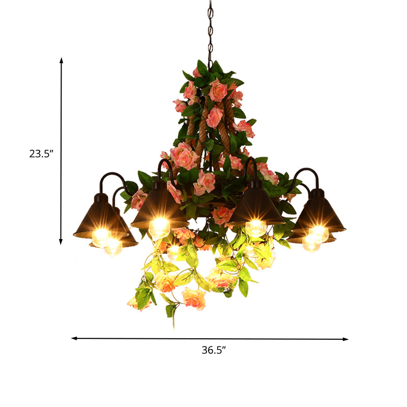 Metal Cone Chandelier Lamp Industrial 6/8 Lights Restaurant LED Ceiling Pendant in Black with Flower Decoration Clearhalo 'Cast Iron' 'Ceiling Lights' 'Chandeliers' 'Industrial Chandeliers' 'Industrial' 'Metal' 'Middle Century Chandeliers' 'Rustic Chandeliers' 'Tiffany' Lighting' 398173