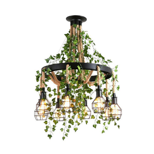 8 Heads Hemp Rope Cluster Pendant Industrial Black Bare Bulb Restaurant LED Down Lighting with Plant Clearhalo 'Ceiling Lights' 'Industrial Pendants' 'Industrial' 'Middle Century Pendants' 'Pendant Lights' 'Pendants' 'Tiffany' Lighting' 398182