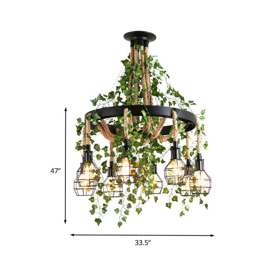 8 Heads Hemp Rope Cluster Pendant Industrial Black Bare Bulb Restaurant LED Down Lighting with Plant Clearhalo 'Ceiling Lights' 'Industrial Pendants' 'Industrial' 'Middle Century Pendants' 'Pendant Lights' 'Pendants' 'Tiffany' Lighting' 398183