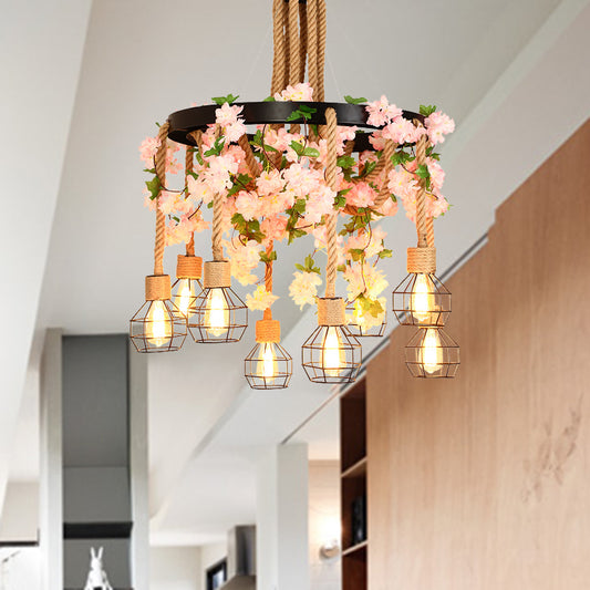 Exposed Bulb Restaurant Cluster Pendant Industrial Hemp Rope 8 Bulbs Pink/Green LED Drop Lamp with Flower/Plant Pink Clearhalo 'Ceiling Lights' 'Industrial Pendants' 'Industrial' 'Middle Century Pendants' 'Pendant Lights' 'Pendants' 'Tiffany' Lighting' 398184