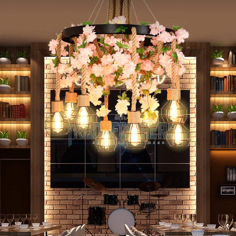 Exposed Bulb Restaurant Cluster Pendant Industrial Hemp Rope 8 Bulbs Pink/Green LED Drop Lamp with Flower/Plant Clearhalo 'Ceiling Lights' 'Industrial Pendants' 'Industrial' 'Middle Century Pendants' 'Pendant Lights' 'Pendants' 'Tiffany' Lighting' 398185