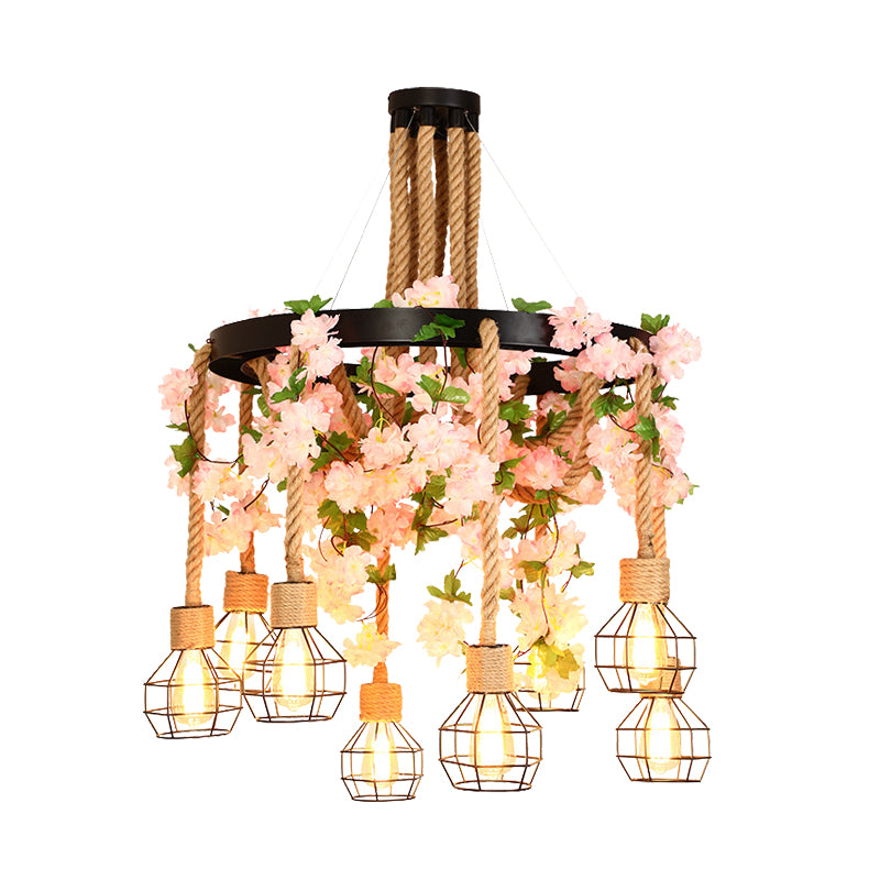 Exposed Bulb Restaurant Cluster Pendant Industrial Hemp Rope 8 Bulbs Pink/Green LED Drop Lamp with Flower/Plant Clearhalo 'Ceiling Lights' 'Industrial Pendants' 'Industrial' 'Middle Century Pendants' 'Pendant Lights' 'Pendants' 'Tiffany' Lighting' 398186