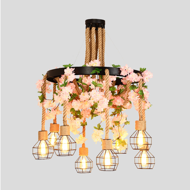 Exposed Bulb Restaurant Cluster Pendant Industrial Hemp Rope 8 Bulbs Pink/Green LED Drop Lamp with Flower/Plant Clearhalo 'Ceiling Lights' 'Industrial Pendants' 'Industrial' 'Middle Century Pendants' 'Pendant Lights' 'Pendants' 'Tiffany' Lighting' 398187