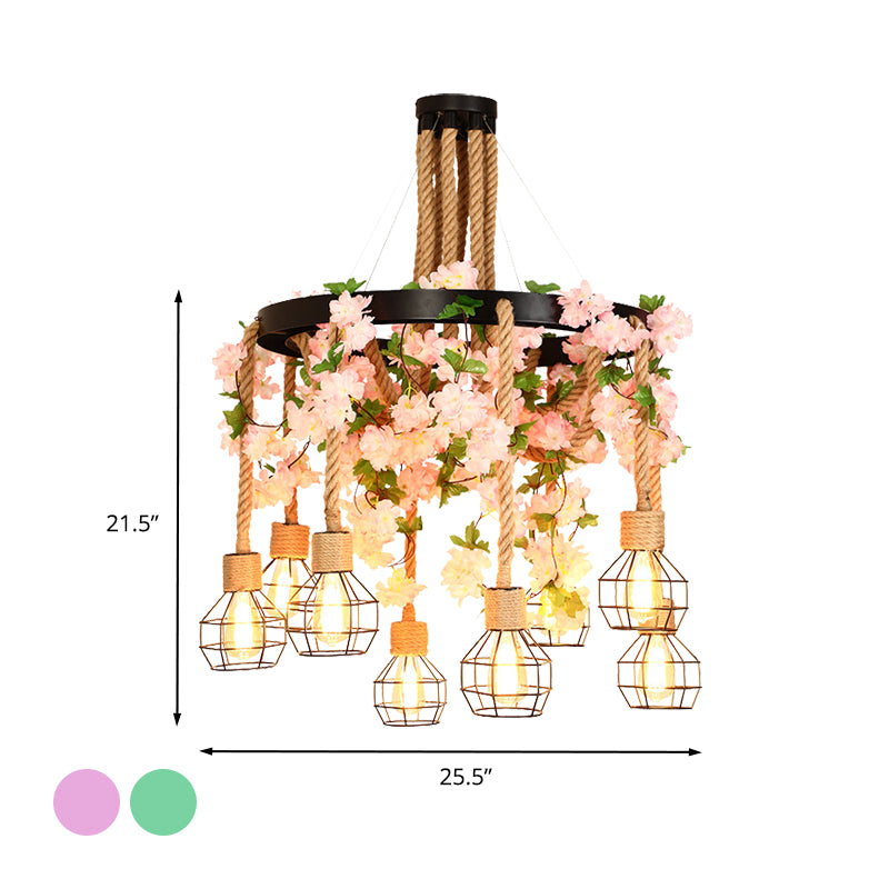 Exposed Bulb Restaurant Cluster Pendant Industrial Hemp Rope 8 Bulbs Pink/Green LED Drop Lamp with Flower/Plant Clearhalo 'Ceiling Lights' 'Industrial Pendants' 'Industrial' 'Middle Century Pendants' 'Pendant Lights' 'Pendants' 'Tiffany' Lighting' 398188