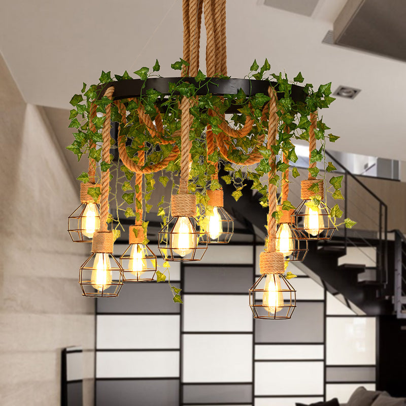 Exposed Bulb Restaurant Cluster Pendant Industrial Hemp Rope 8 Bulbs Pink/Green LED Drop Lamp with Flower/Plant Green Clearhalo 'Ceiling Lights' 'Industrial Pendants' 'Industrial' 'Middle Century Pendants' 'Pendant Lights' 'Pendants' 'Tiffany' Lighting' 398189