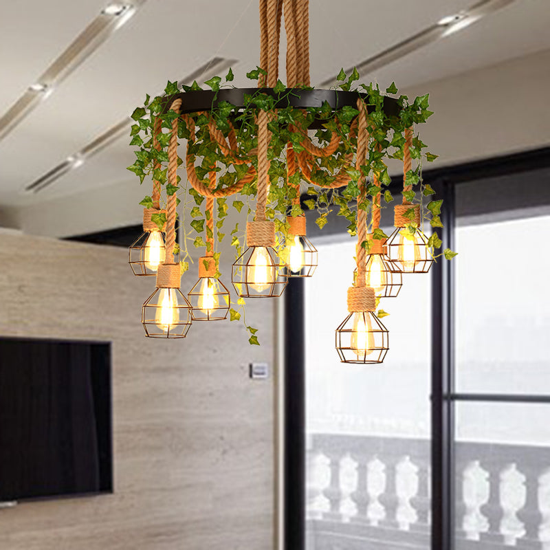 Exposed Bulb Restaurant Cluster Pendant Industrial Hemp Rope 8 Bulbs Pink/Green LED Drop Lamp with Flower/Plant Clearhalo 'Ceiling Lights' 'Industrial Pendants' 'Industrial' 'Middle Century Pendants' 'Pendant Lights' 'Pendants' 'Tiffany' Lighting' 398190