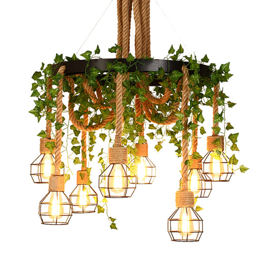 Exposed Bulb Restaurant Cluster Pendant Industrial Hemp Rope 8 Bulbs Pink/Green LED Drop Lamp with Flower/Plant Clearhalo 'Ceiling Lights' 'Industrial Pendants' 'Industrial' 'Middle Century Pendants' 'Pendant Lights' 'Pendants' 'Tiffany' Lighting' 398191