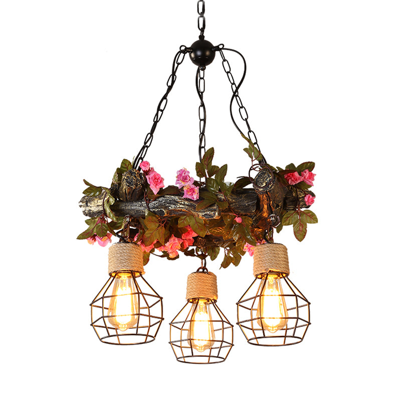 Industrial Bulb Ceiling Chandelier 3 Bulbs Metal LED Hanging Light Fixture in Red/Pink/Green with Flower/Plant/Maple Leaf Clearhalo 'Ceiling Lights' 'Chandeliers' 'Industrial Chandeliers' 'Industrial' 'Middle Century Chandeliers' 'Tiffany' Lighting' 398194