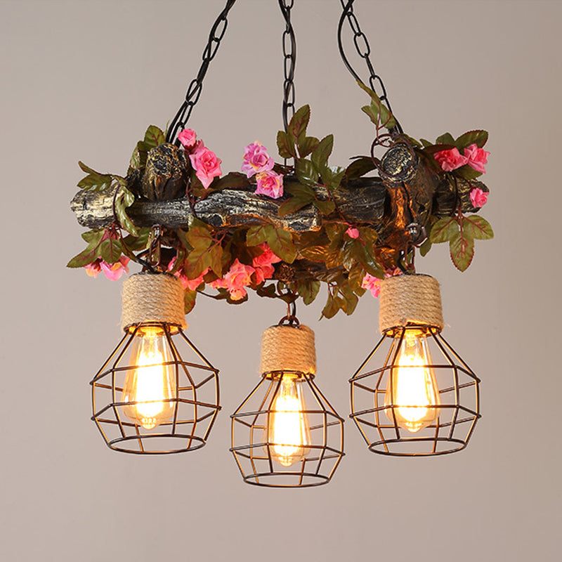 Industrial Bulb Ceiling Chandelier 3 Bulbs Metal LED Hanging Light Fixture in Red/Pink/Green with Flower/Plant/Maple Leaf Clearhalo 'Ceiling Lights' 'Chandeliers' 'Industrial Chandeliers' 'Industrial' 'Middle Century Chandeliers' 'Tiffany' Lighting' 398195