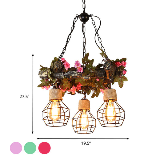 Industrial Bulb Ceiling Chandelier 3 Bulbs Metal LED Hanging Light Fixture in Red/Pink/Green with Flower/Plant/Maple Leaf Clearhalo 'Ceiling Lights' 'Chandeliers' 'Industrial Chandeliers' 'Industrial' 'Middle Century Chandeliers' 'Tiffany' Lighting' 398196