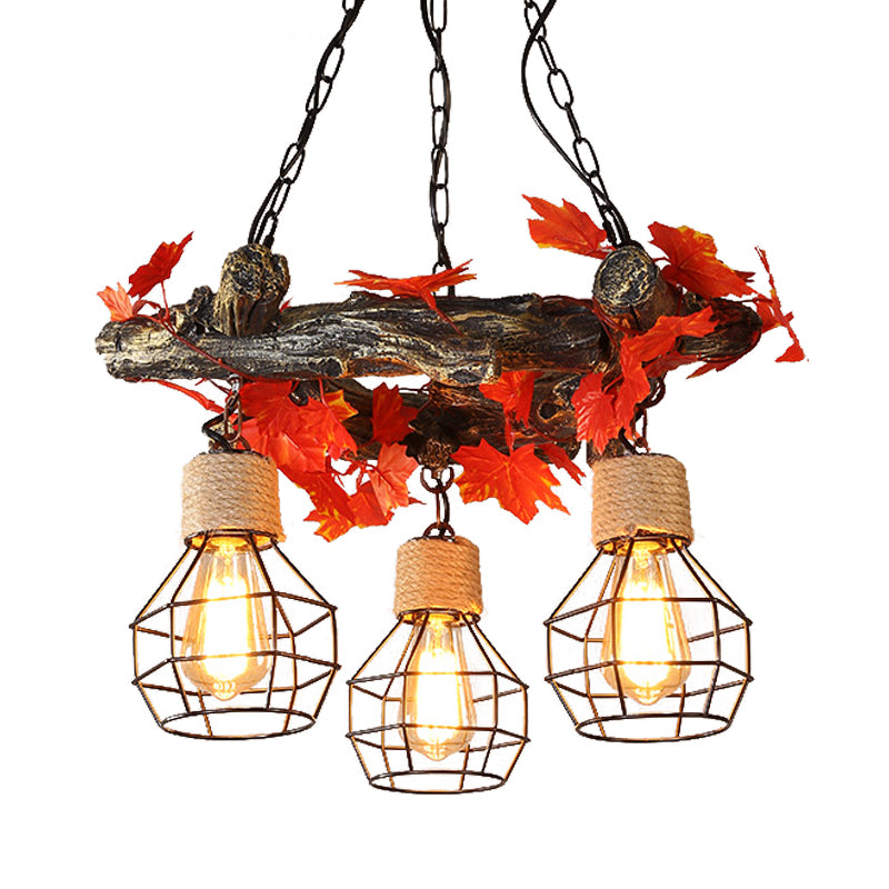 Industrial Bulb Ceiling Chandelier 3 Bulbs Metal LED Hanging Light Fixture in Red/Pink/Green with Flower/Plant/Maple Leaf Clearhalo 'Ceiling Lights' 'Chandeliers' 'Industrial Chandeliers' 'Industrial' 'Middle Century Chandeliers' 'Tiffany' Lighting' 398202