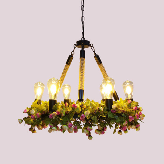 Industrial Exposed Bulb Ceiling Chandelier 6 Bulbs Metal LED Hanging Light Fixture in Black with Rose Clearhalo 'Cast Iron' 'Ceiling Lights' 'Chandeliers' 'Industrial Chandeliers' 'Industrial' 'Metal' 'Middle Century Chandeliers' 'Rustic Chandeliers' 'Tiffany' Lighting' 398211