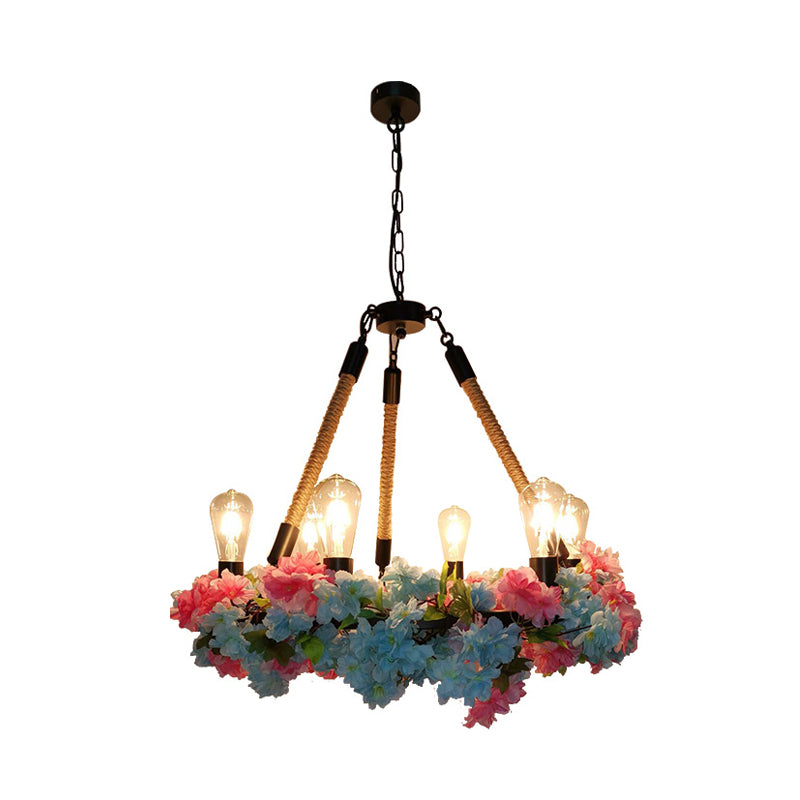 6 Bulbs Chandelier Light Industrial Exposed Bulb Metal LED Suspension Lamp in Black with Cherry Blossom Clearhalo 'Cast Iron' 'Ceiling Lights' 'Chandeliers' 'Industrial Chandeliers' 'Industrial' 'Metal' 'Middle Century Chandeliers' 'Rustic Chandeliers' 'Tiffany' Lighting' 398215