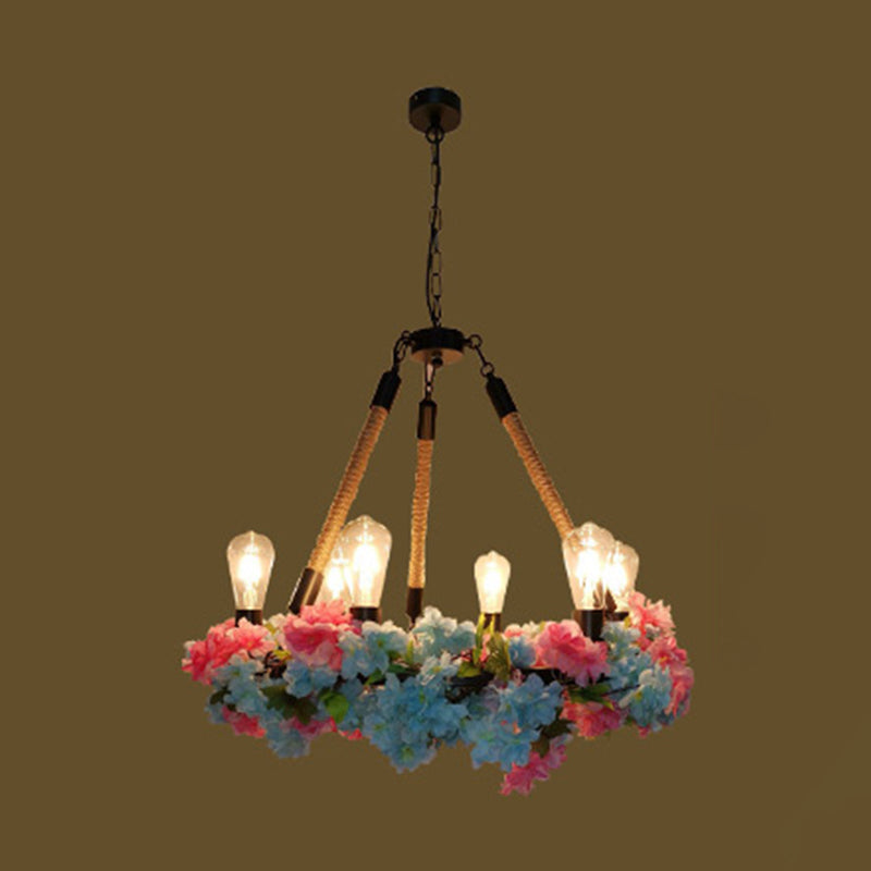 6 Bulbs Chandelier Light Industrial Exposed Bulb Metal LED Suspension Lamp in Black with Cherry Blossom Clearhalo 'Cast Iron' 'Ceiling Lights' 'Chandeliers' 'Industrial Chandeliers' 'Industrial' 'Metal' 'Middle Century Chandeliers' 'Rustic Chandeliers' 'Tiffany' Lighting' 398216