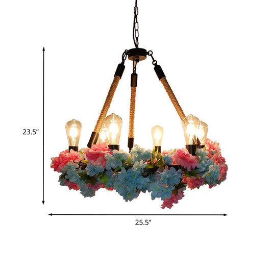 6 Bulbs Chandelier Light Industrial Exposed Bulb Metal LED Suspension Lamp in Black with Cherry Blossom Clearhalo 'Cast Iron' 'Ceiling Lights' 'Chandeliers' 'Industrial Chandeliers' 'Industrial' 'Metal' 'Middle Century Chandeliers' 'Rustic Chandeliers' 'Tiffany' Lighting' 398217