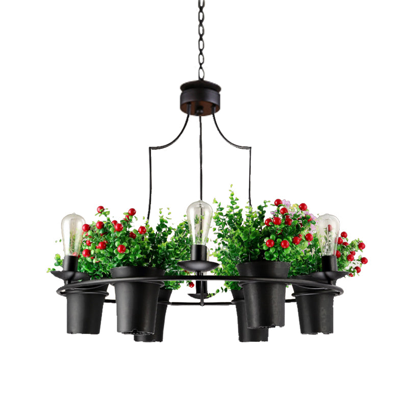 6 Lights 1/2 Tiers Chandelier Industrial Black/White Metal LED Plant Pendant Light for Restaurant Clearhalo 'Cast Iron' 'Ceiling Lights' 'Chandeliers' 'Industrial Chandeliers' 'Industrial' 'Metal' 'Middle Century Chandeliers' 'Rustic Chandeliers' 'Tiffany' Lighting' 398230