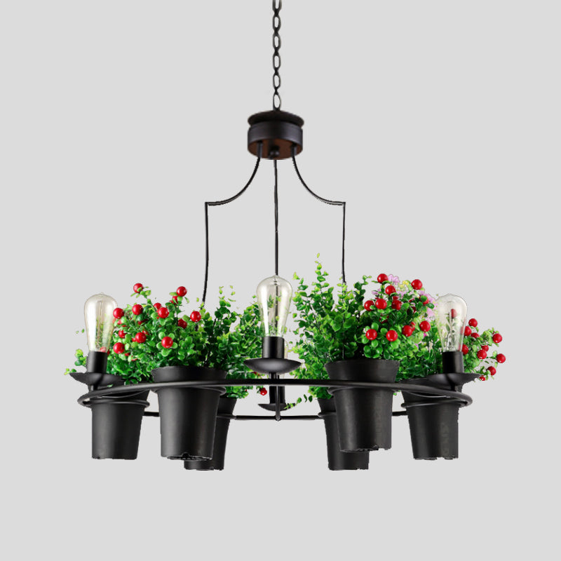 6 Lights 1/2 Tiers Chandelier Industrial Black/White Metal LED Plant Pendant Light for Restaurant Clearhalo 'Cast Iron' 'Ceiling Lights' 'Chandeliers' 'Industrial Chandeliers' 'Industrial' 'Metal' 'Middle Century Chandeliers' 'Rustic Chandeliers' 'Tiffany' Lighting' 398231