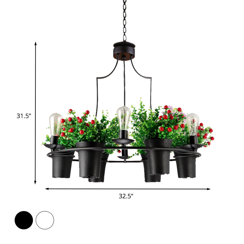 6 Lights 1/2 Tiers Chandelier Industrial Black/White Metal LED Plant Pendant Light for Restaurant Clearhalo 'Cast Iron' 'Ceiling Lights' 'Chandeliers' 'Industrial Chandeliers' 'Industrial' 'Metal' 'Middle Century Chandeliers' 'Rustic Chandeliers' 'Tiffany' Lighting' 398232