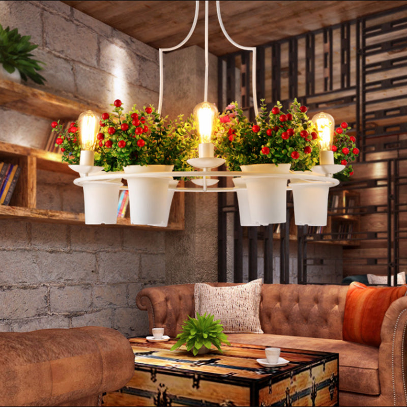 6 Lights 1/2 Tiers Chandelier Industrial Black/White Metal LED Plant Pendant Light for Restaurant White 1 Tier Clearhalo 'Cast Iron' 'Ceiling Lights' 'Chandeliers' 'Industrial Chandeliers' 'Industrial' 'Metal' 'Middle Century Chandeliers' 'Rustic Chandeliers' 'Tiffany' Lighting' 398233