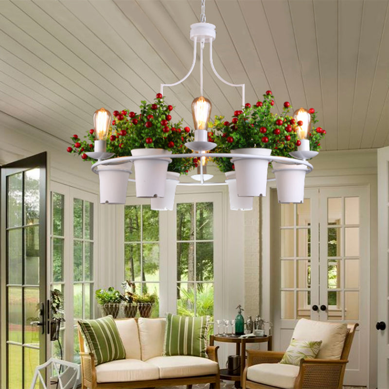 6 Lights 1/2 Tiers Chandelier Industrial Black/White Metal LED Plant Pendant Light for Restaurant Clearhalo 'Cast Iron' 'Ceiling Lights' 'Chandeliers' 'Industrial Chandeliers' 'Industrial' 'Metal' 'Middle Century Chandeliers' 'Rustic Chandeliers' 'Tiffany' Lighting' 398234