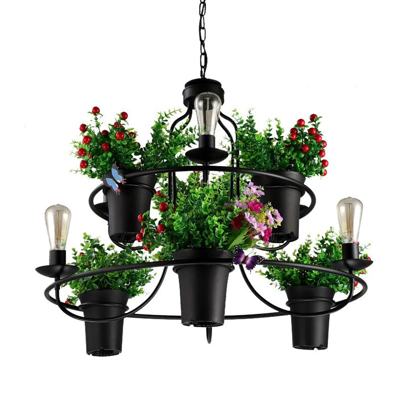 6 Lights 1/2 Tiers Chandelier Industrial Black/White Metal LED Plant Pendant Light for Restaurant Clearhalo 'Cast Iron' 'Ceiling Lights' 'Chandeliers' 'Industrial Chandeliers' 'Industrial' 'Metal' 'Middle Century Chandeliers' 'Rustic Chandeliers' 'Tiffany' Lighting' 398237
