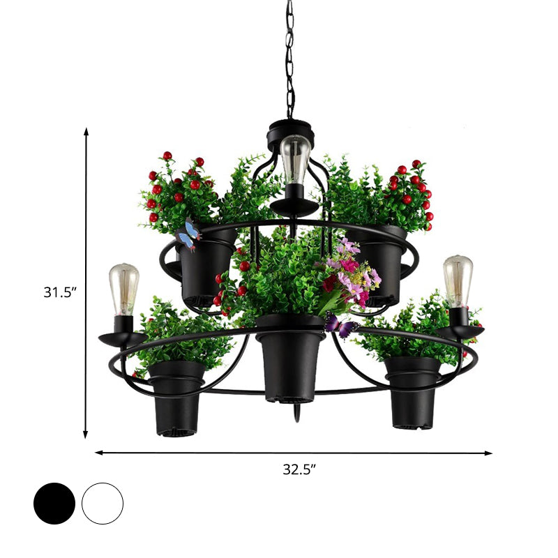6 Lights 1/2 Tiers Chandelier Industrial Black/White Metal LED Plant Pendant Light for Restaurant Clearhalo 'Cast Iron' 'Ceiling Lights' 'Chandeliers' 'Industrial Chandeliers' 'Industrial' 'Metal' 'Middle Century Chandeliers' 'Rustic Chandeliers' 'Tiffany' Lighting' 398238