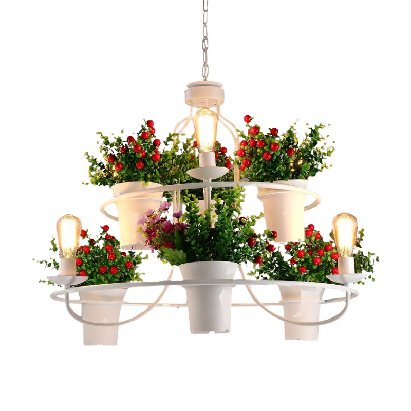 6 Lights 1/2 Tiers Chandelier Industrial Black/White Metal LED Plant Pendant Light for Restaurant Clearhalo 'Cast Iron' 'Ceiling Lights' 'Chandeliers' 'Industrial Chandeliers' 'Industrial' 'Metal' 'Middle Century Chandeliers' 'Rustic Chandeliers' 'Tiffany' Lighting' 398241