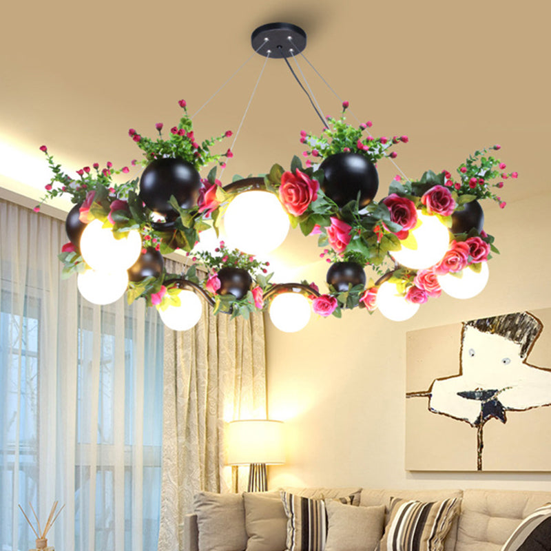 Sphere Metal Ceiling Lamp Industrial 8 Bulbs Living Room Chandelier Light in Black with Flower Decoration Clearhalo 'Cast Iron' 'Ceiling Lights' 'Chandeliers' 'Industrial Chandeliers' 'Industrial' 'Metal' 'Middle Century Chandeliers' 'Rustic Chandeliers' 'Tiffany' Lighting' 398243