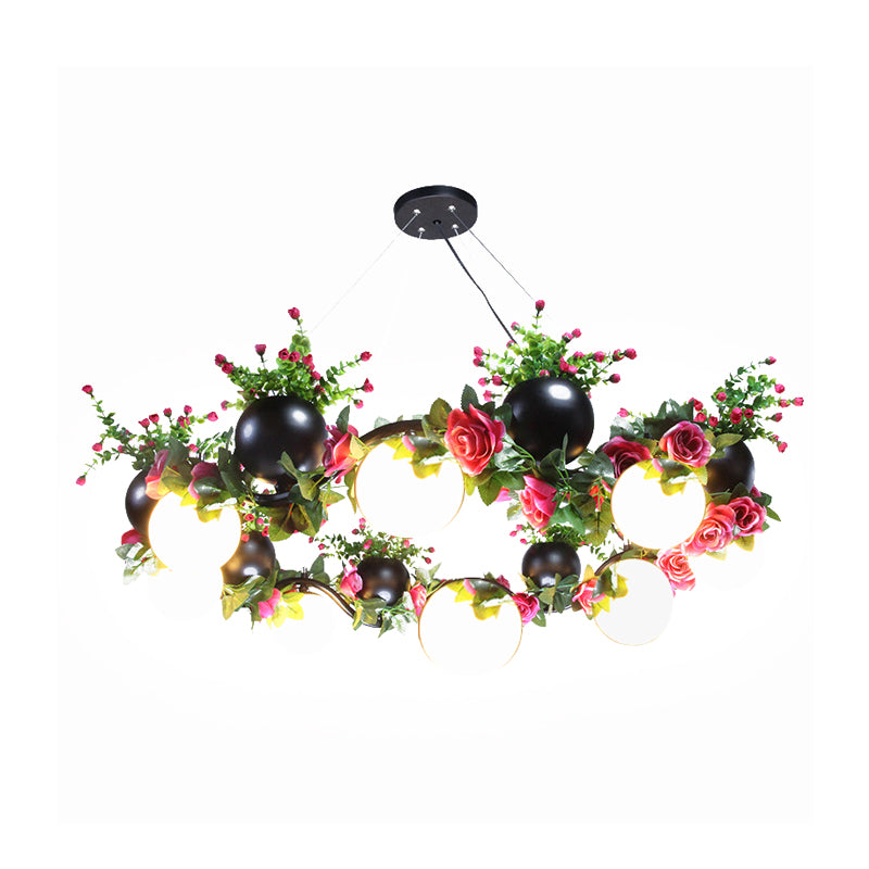 Sphere Metal Ceiling Lamp Industrial 8 Bulbs Living Room Chandelier Light in Black with Flower Decoration Clearhalo 'Cast Iron' 'Ceiling Lights' 'Chandeliers' 'Industrial Chandeliers' 'Industrial' 'Metal' 'Middle Century Chandeliers' 'Rustic Chandeliers' 'Tiffany' Lighting' 398245