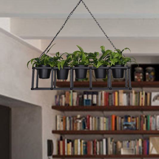 Industrial Rectangle Island Light Fixture 2/3/5 Bulbs Metal LED Ceiling Suspension Lamp in Black with Plant Decor Clearhalo 'Ceiling Lights' 'Island Lights' Lighting' 398262