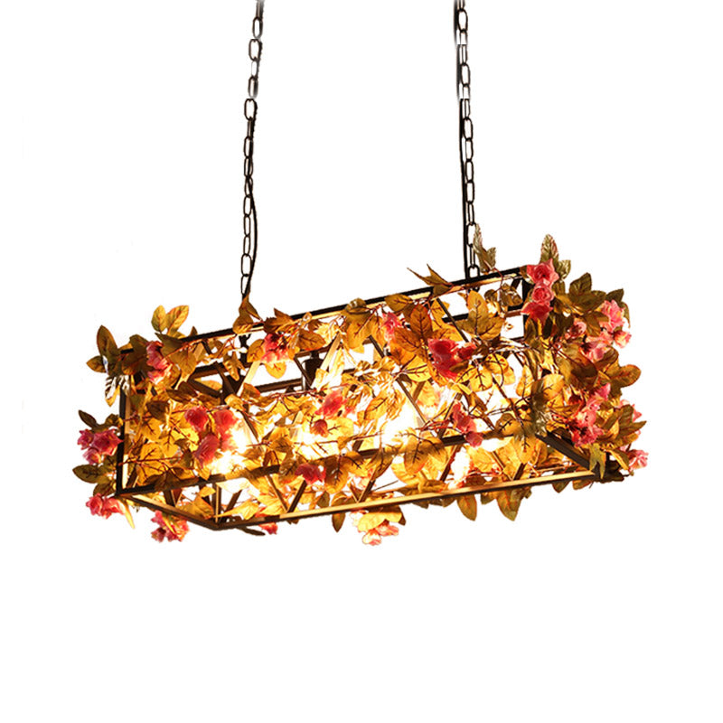 4 Lights Rectangle Island Light Industrial Pink/Brown Metal LED Hanging Lamp with Flower Decoration Clearhalo 'Ceiling Lights' 'Island Lights' Lighting' 398310