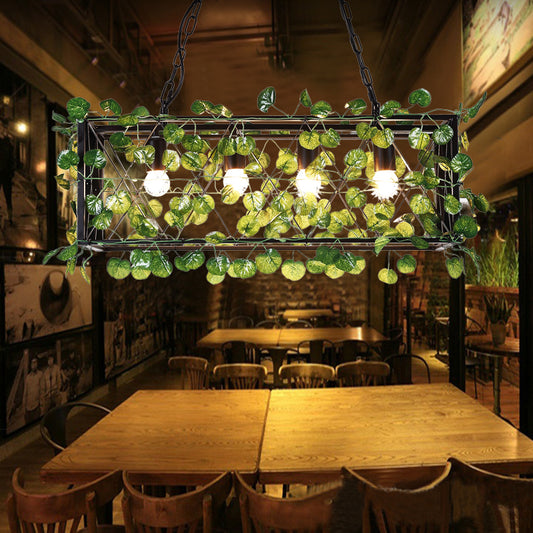 4 Heads Metal Island Pendant Antique Black Rectangle Restaurant LED Down Lighting with Plant Decor Black Clearhalo 'Ceiling Lights' 'Island Lights' Lighting' 398321