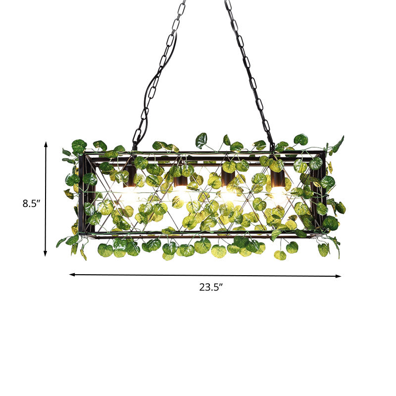 4 Heads Metal Island Pendant Antique Black Rectangle Restaurant LED Down Lighting with Plant Decor Clearhalo 'Ceiling Lights' 'Island Lights' Lighting' 398325