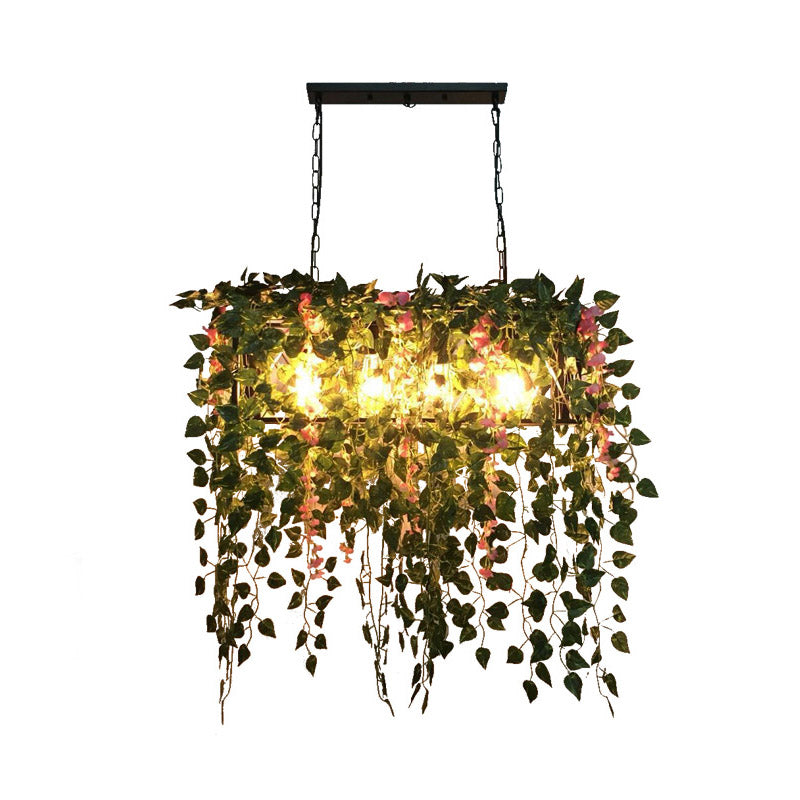 Rectangle Restaurant Island Ceiling Light Retro Metal 4 Heads Black LED Drop Lamp with Plant Decor Clearhalo 'Ceiling Lights' 'Island Lights' Lighting' 398328