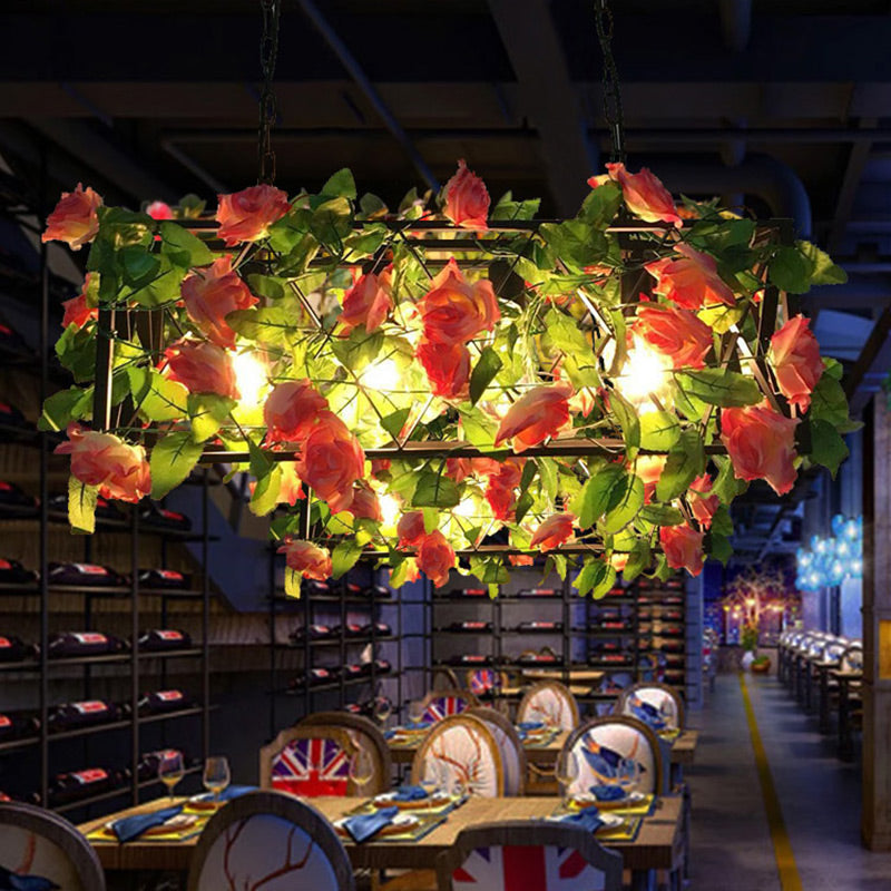 Metal Black Island Pendant Light Rectangular 4 Bulbs Industrial LED Ceiling Suspension Lamp with Rose Decor Clearhalo 'Ceiling Lights' 'Island Lights' Lighting' 398332