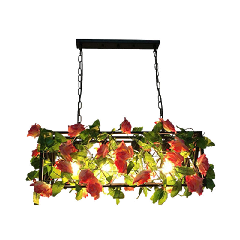 Metal Black Island Pendant Light Rectangular 4 Bulbs Industrial LED Ceiling Suspension Lamp with Rose Decor Clearhalo 'Ceiling Lights' 'Island Lights' Lighting' 398333