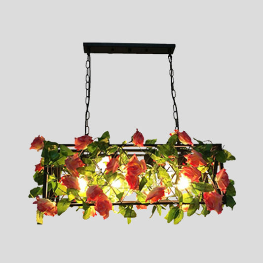 Metal Black Island Pendant Light Rectangular 4 Bulbs Industrial LED Ceiling Suspension Lamp with Rose Decor Clearhalo 'Ceiling Lights' 'Island Lights' Lighting' 398334