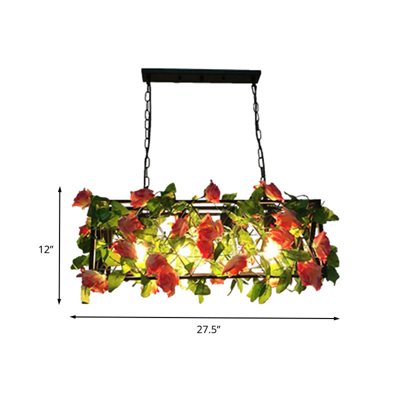 Metal Black Island Pendant Light Rectangular 4 Bulbs Industrial LED Ceiling Suspension Lamp with Rose Decor Clearhalo 'Ceiling Lights' 'Island Lights' Lighting' 398335