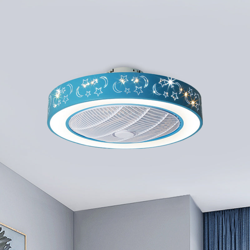 20.5" W LED Drum Pendant Fan Lighting Contemporary Pink/Blue Finish Acrylic Semi Flush Lamp with Moon and Star Pattern, 7 Blades Blue Clearhalo 'Ceiling Fans with Lights' 'Ceiling Fans' 'Kids Ceiling Fans' 'Kids' Lighting' 398368