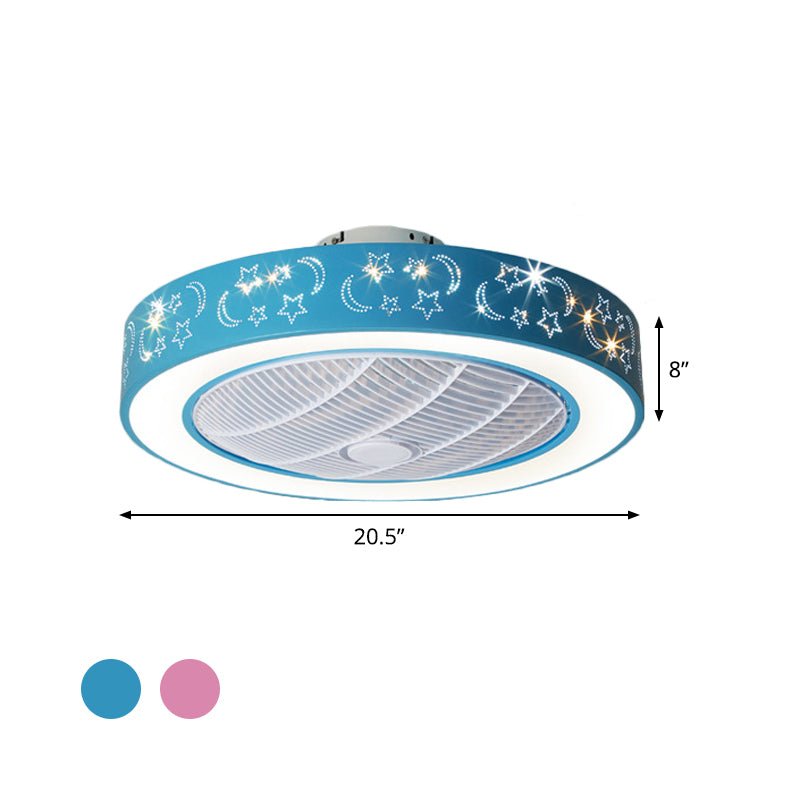 20.5" W LED Drum Pendant Fan Lighting Contemporary Pink/Blue Finish Acrylic Semi Flush Lamp with Moon and Star Pattern, 7 Blades Clearhalo 'Ceiling Fans with Lights' 'Ceiling Fans' 'Kids Ceiling Fans' 'Kids' Lighting' 398372