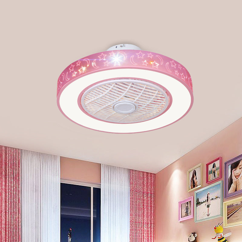 20.5" W LED Drum Pendant Fan Lighting Contemporary Pink/Blue Finish Acrylic Semi Flush Lamp with Moon and Star Pattern, 7 Blades Clearhalo 'Ceiling Fans with Lights' 'Ceiling Fans' 'Kids Ceiling Fans' 'Kids' Lighting' 398374