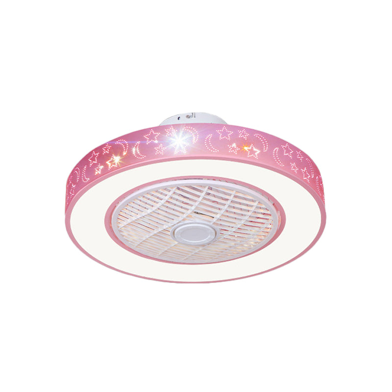 20.5" W LED Drum Pendant Fan Lighting Contemporary Pink/Blue Finish Acrylic Semi Flush Lamp with Moon and Star Pattern, 7 Blades Clearhalo 'Ceiling Fans with Lights' 'Ceiling Fans' 'Kids Ceiling Fans' 'Kids' Lighting' 398375