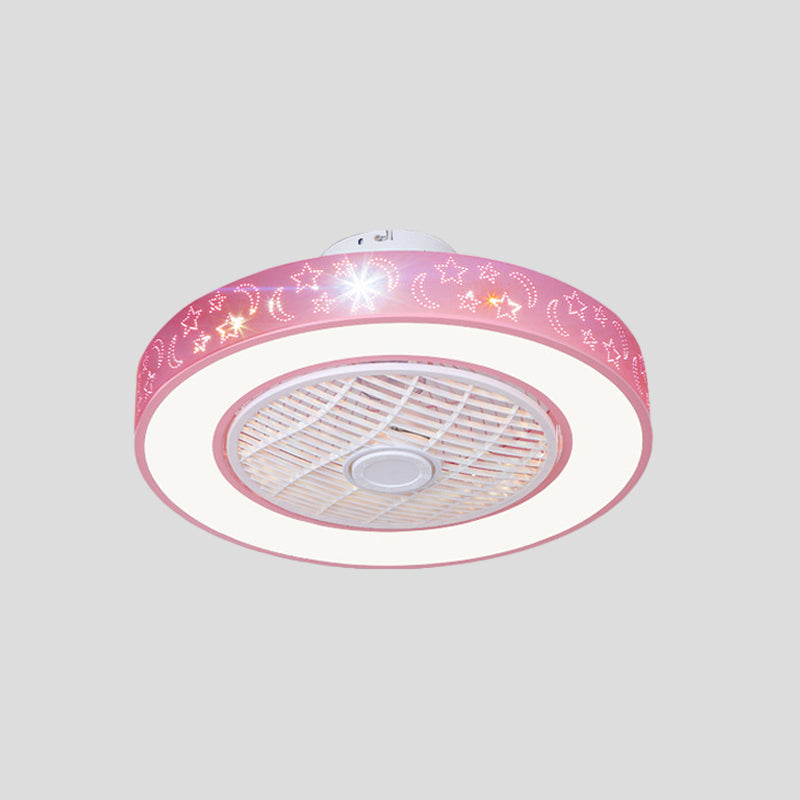 20.5" W LED Drum Pendant Fan Lighting Contemporary Pink/Blue Finish Acrylic Semi Flush Lamp with Moon and Star Pattern, 7 Blades Clearhalo 'Ceiling Fans with Lights' 'Ceiling Fans' 'Kids Ceiling Fans' 'Kids' Lighting' 398376