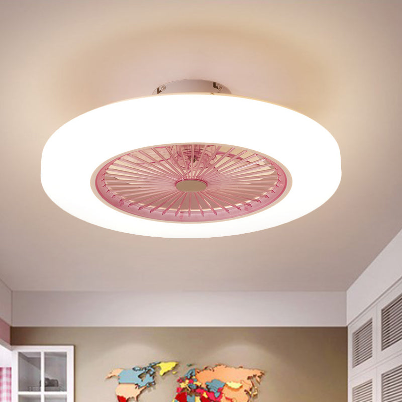 Acrylic Doughnut Ceiling Fan Light Simple Living Room LED Semi Flush Mounted Lamp Fixture in White/Pink/Yellow, 21" Wide Pink Clearhalo 'Ceiling Fans with Lights' 'Ceiling Fans' 'Kids Ceiling Fans' 'Kids' Lighting' 398382