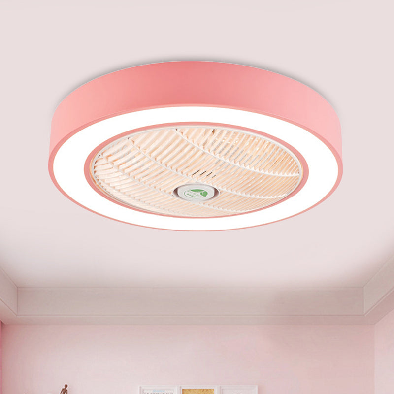 23.5" Wide Pink/Blue LED Semi Flushmount Minimalist Acrylic Round Hanging Ceiling Fan Light for Living Room Pink Clearhalo 'Ceiling Fans with Lights' 'Ceiling Fans' 'Kids Ceiling Fans' 'Kids' Lighting' 398402