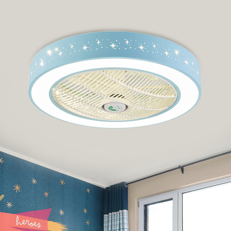 Drum Acrylic Semi Flush Mounted Lighting Kids Bedroom 7 Blades LED Ceiling Fan Lamp Fixture in Pink/Blue/White, 23.5" W Clearhalo 'Ceiling Fans with Lights' 'Ceiling Fans' 'Kids Ceiling Fans' 'Kids' Lighting' 398407